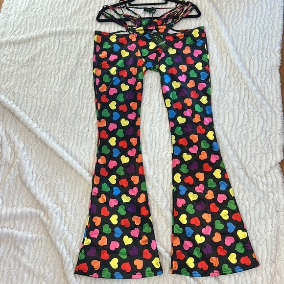New dolls kill club ex black Colorful Heart Print g string pants flare large - Picture 1 of 5